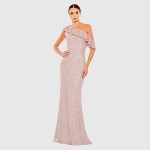 NWT $398 MAC DUGGAL FULLY Sequined Drop Shoulder Trumpet Gown DRESS MOCHA 5611